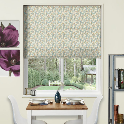Golden Lily Linen Teal Electric Roman Blind
