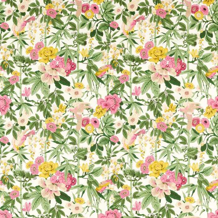 Bamboo & Bird Scallion Green/Fuchsia Fabric by Sanderson