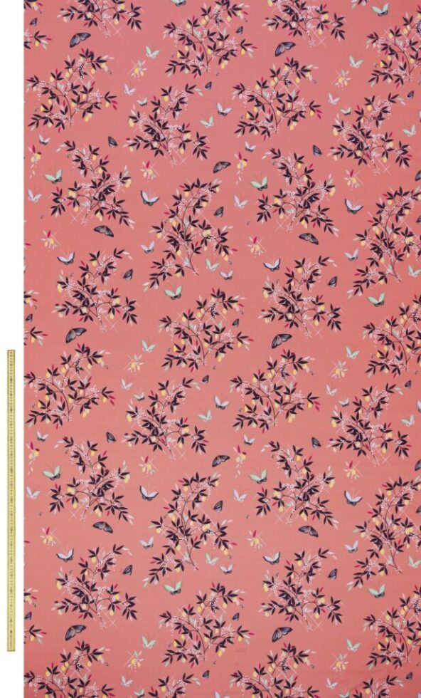 Butterflies And Trellis Sateen Peach Fabric by Sara Miller