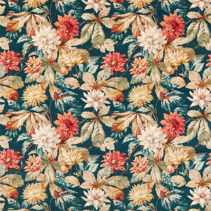 Dahlia & Rosehip Velvet Teal/Russet Fabric by Sanderson