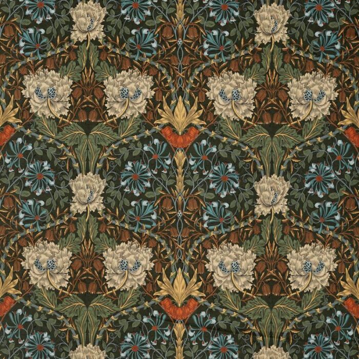 Honeysuckle And Tulip Velvet Forest/Chestnut Fabric by Morris & Co