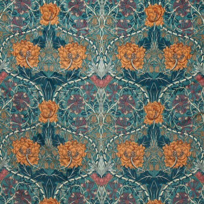 Honeysuckle And Tulip Velvet Woad/Mulberry Fabric by Morris & Co